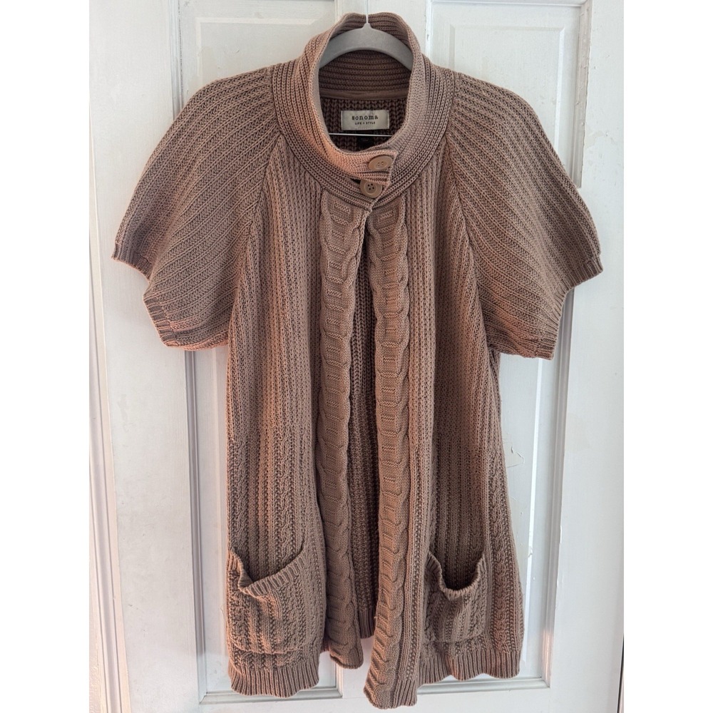Sonoma‎ Cable Knit Cardigan Sweater L Tan Chunky Cozy Cottagecore
